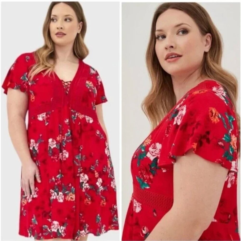 Torrid Dress Short Sleeve Mini Gauze Lace Up Skater Floral Red Plus Size 2X - Picture 4 of 11